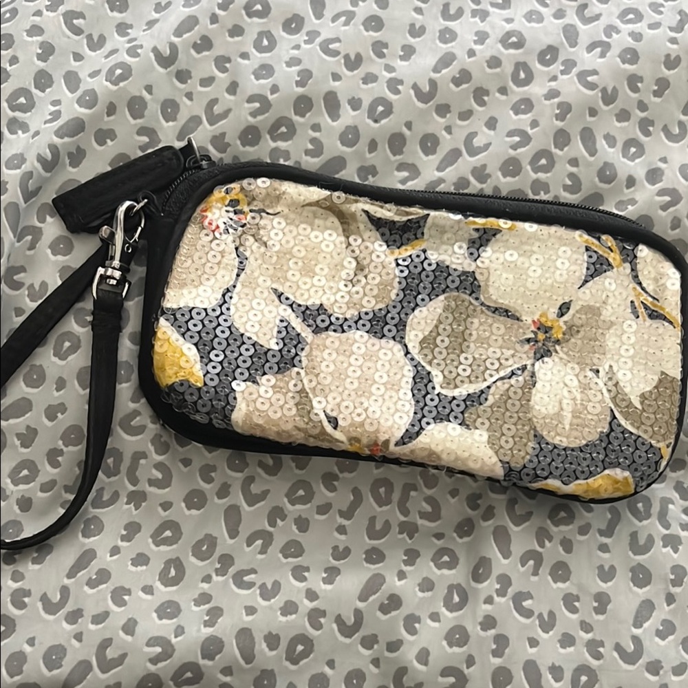Vera Bradley Sequin Floral Wristlet in Black and Cream